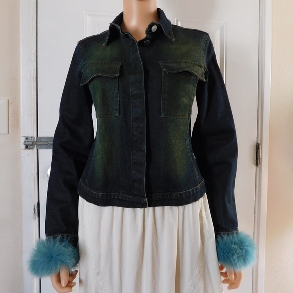 Italian MONTENAPOLEONE Denim Jacket Fur Trim 44 M - Picture 2 of 7